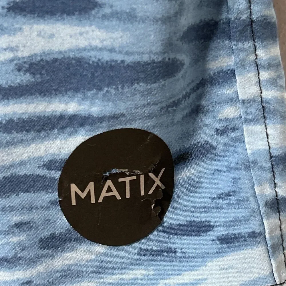 Matix Mens Board Shorts Sz. 32 Blue Black Water Waves Tie Front